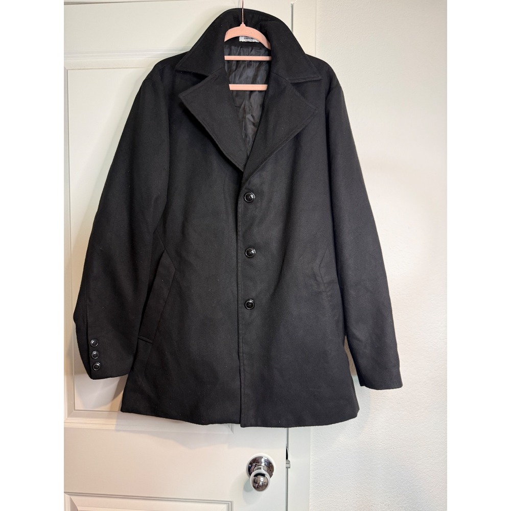 Coofandy Black Wool Blend Pea Coat Notched Lapel Single Breasted Jacket Large